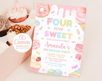 Four Ever Sweet verjaardagsuitnodiging, Candy verjaardagsuitnodiging, pastel snoep snoep donut ijs cupcake, 5 x 7 canvas