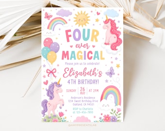 Unicorn Birthday Invitation, Four Ever Magical 4th Birthday Invite, Rainbow Party Invitation Template AMY006