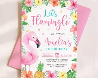 Flamingo Birthday Invitation, Tropical Party Invite Template AMY017