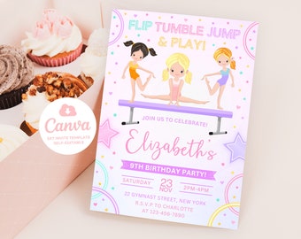 Gymnastics Birthday Invitation, Gymnastics Party Invitation, Girl Gymnasts Birthday Invite, 5x7 Canva