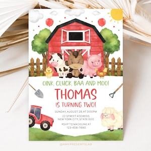 Invito di compleanno a tema fattoria, invito di compleanno con animali da fattoria, invito di compleanno per bambini in stile ranch, modello di invito a tema fattoria, Canva 5x7