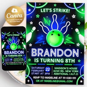 Może przedstawiać: Neonowo zielona i niebieska kula do kręgli i kręgle na czarnym tle z gwiazdami. Tekst "Let's Strike!" i "Brandon is turning 8th" jest w neonowo zielonym i niebieskim kolorze. Zaproszenie zawiera datę, godzinę i miejsce imprezy.