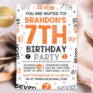 7th Birthday Invitation, 7th Invitation, Editable Boy 7th Birthday Invites, 5x7 Canva