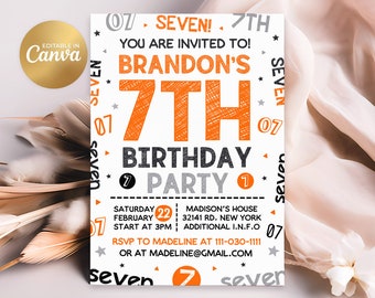 Inbjudan till 7-årsdag, 7-årsinbjudan, redigerbara inbjudningar till pojke, 7-årsdag, 5x7 Canva