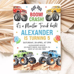May include: A colorful invitation for a monster truck-themed birthday party. The design features illustrations of monster trucks in red, yellow, green, and blue, along with the text "BOOM! CRASH!" and party details, including the name "Alexander" and age "5".