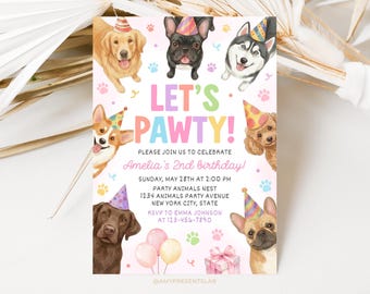 Editable Dogs Birthday Invitation, Let's Pawty Animals Birthday Invite, Puppy Invitation, Dog Party Invite Template AMY011