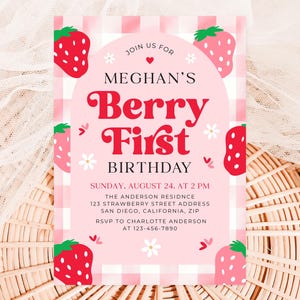 Berry First Birthday Invitation, Berry First Birthday Girl Invite, Strawberry First Birthday Invitation Template, 5x7 Canva