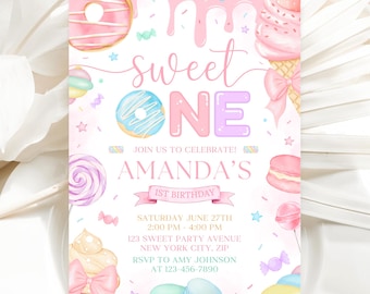 Sweet One Birthday Invitation, Pastel Donut 1st Birthday Invite Template AMY035