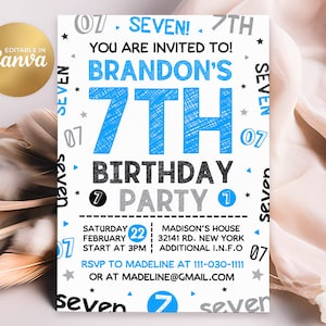 7th Birthday Invitation, 7th Invitation, Editable Boy 7th Birthday Invites, 5x7 Canva