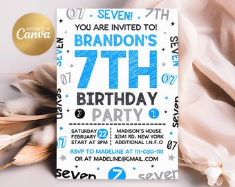 Inbjudan till 7-årsdag, 7-årsinbjudan, redigerbara inbjudningar till pojke, 7-årsdag, 5x7 Canva