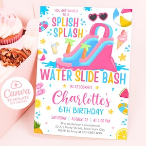 Puede incluir: Una invitación colorida para una fiesta de tobogán de agua para celebrar el sexto cumpleaños de Charlotte. La invitación presenta un tobogán de agua inflable rosa y azul, una sandía, una piña y una sombrilla de playa. El texto de la invitación dice "Estás invitado a una fiesta de tobogán de agua Splish Splash para celebrar el sexto cumpleaños de Charlotte. Sábado 22 de agosto a las 2:00 PM. La residencia de los Anderson 22 Art Party Street, New York City. RSVP a Amy al 123-4567-890."