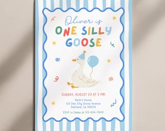 One Silly Goose 1st Birthday Invitation, Boy First Birthday Invite Template AMY058