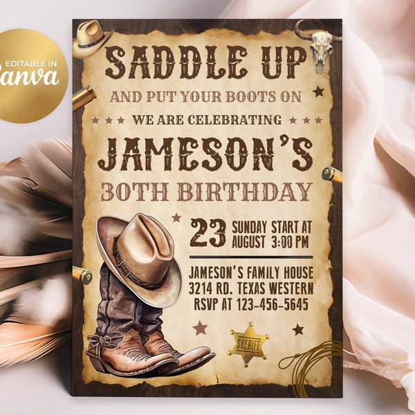 Saddle Up! Western Birthday Invitation, Cowboy Invitation, Editable Country Western Birthday Invitation, 5x7 Canva