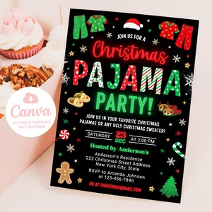 May include: A black and green Christmas pajama party invitation with red and white accents. The invitation features a festive design with snowflakes, candy canes, and a Christmas tree. The text reads "Join us for a Christmas Pajama Party!" and includes details about the event, including the date, time, and location.