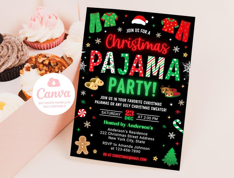 May include: A black and green Christmas pajama party invitation with red and white accents. The invitation features a festive design with snowflakes, candy canes, and a Christmas tree. The text reads "Join us for a Christmas Pajama Party!" and includes details about the event, including the date, time, and location.