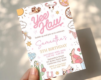 Space Cowgirl Birthday Invitation, Pink Disco Rodeo Party Invite Template AMY008