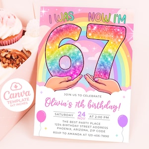 Puede incluir: Una invitación de cumpleaños con un '67' de colores arcoíris y el texto 'I WAS NOW I'M'. La invitación incluye el texto 'Olivia's 7th birthday!' y detalles de la fiesta. También se ven globos rosas y cupcakes.