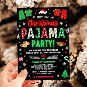 May include: A black and green Christmas party invitation with a red and white striped pajama design. The text reads "Join us for a Christmas Pajama Party!" and includes details about the event, including the date, time, and location.