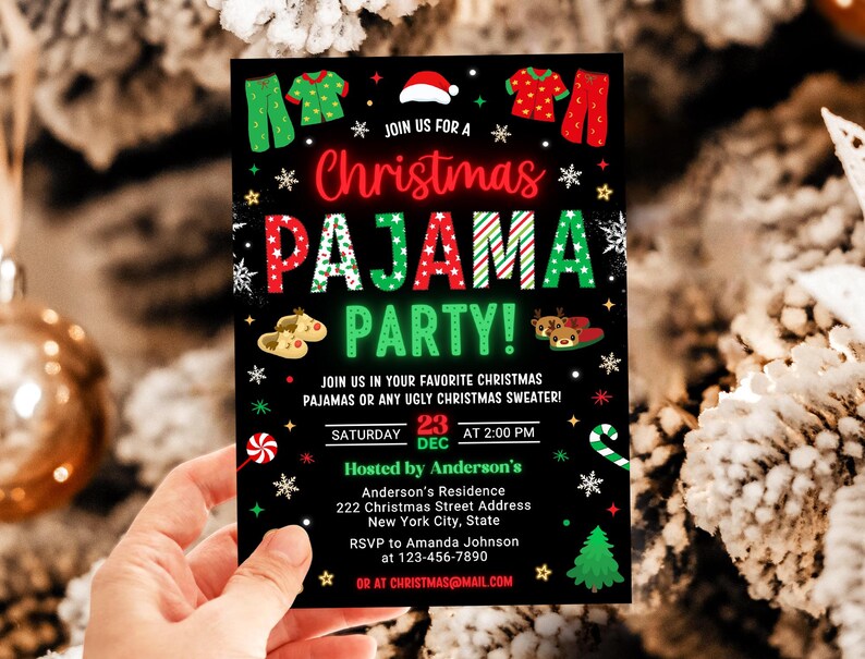 May include: A black and green Christmas party invitation with a red and white striped pajama design. The text reads "Join us for a Christmas Pajama Party!" and includes details about the event, including the date, time, and location.
