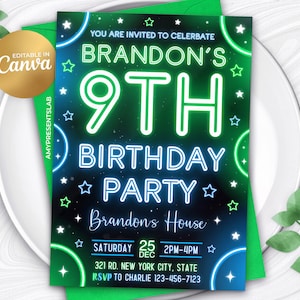 Faire-part pour 9e anniversaire, 9e invitation, invitations modifiables pour 9e anniversaire de garçon, toile 5 x 7