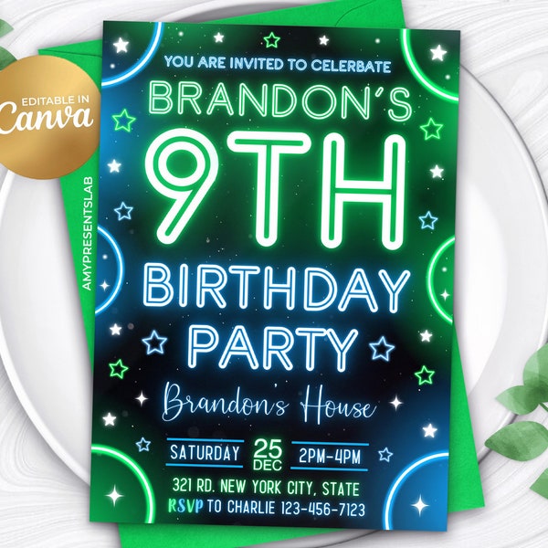 9th Birthday Invitation, 9th Invitation, Editable Boy 9th Birthday Invites, 5x7 Canva