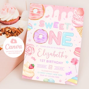 Invito di compleanno per il primo compleanno, festa con ciambelle pastello, 5x7 Canva (download digitale)