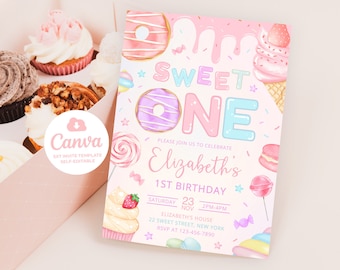 Invitación de cumpleaños "Dulce Uno", Fiesta de Donas Pastel, Lienzo 5x7 (Descarga digital)
