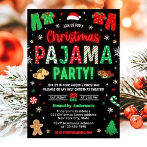 Christmas Pajama Party Invitation, Pajama Invitation, Christmas Party Invitation, Holiday Party Invite, 5x7 Canva image 2