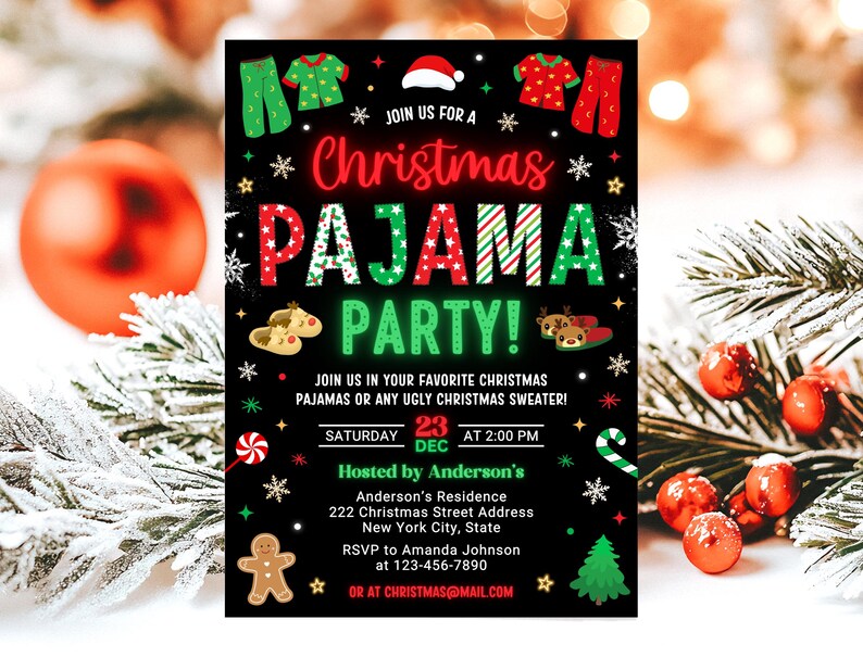 Christmas Pajama Party Invitation, Pajama Invitation, Christmas Party Invitation, Holiday Party Invite, 5x7 Canva image 2
