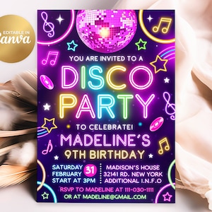 Disco Party-Geburtstags-Einladung, Disco-Einladung, Bearbeitbare Kinder Tanz-Disco-Party-Geburtstags-Einladung, 5x7 Canva