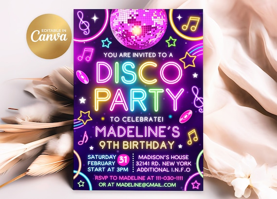 Disco Party Birthday Invitation, Disco Invitation, Editable Kids Dance Disco Party Birthday Invitation, 5x7 Canva