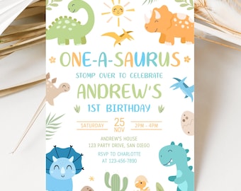 Dinosaur First Birthday Invitation, Boy One-A-Saurus Dinosaur Invitation, 1st Birthday Boy Dinosaur Party Invite Template AMY031