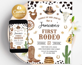 Eerste rodeo verjaardagsuitnodiging, bewerkbaar mijn 1e rodeo Boy cowboy nodigt uit, eerste rodeo uitnodiging, 5 x 7 Canva