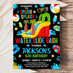 Water Slide Birthday Invitation, Water Slide Invitation, Summer Pool Party Splish Splash Invites, 5x7 Canva
