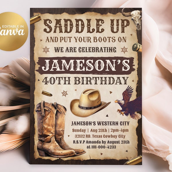 Saddle Up! Western Birthday Invitation, Cowboy Invitation, Editable Country Western Birthday Invitation, 5x7 Canva