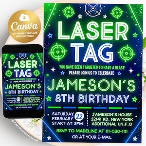 Laser Tag Geburtstagseinladung, Laser Tag Einladung, Neon Laser Tag Party lädt ein, 5x7 Canvas