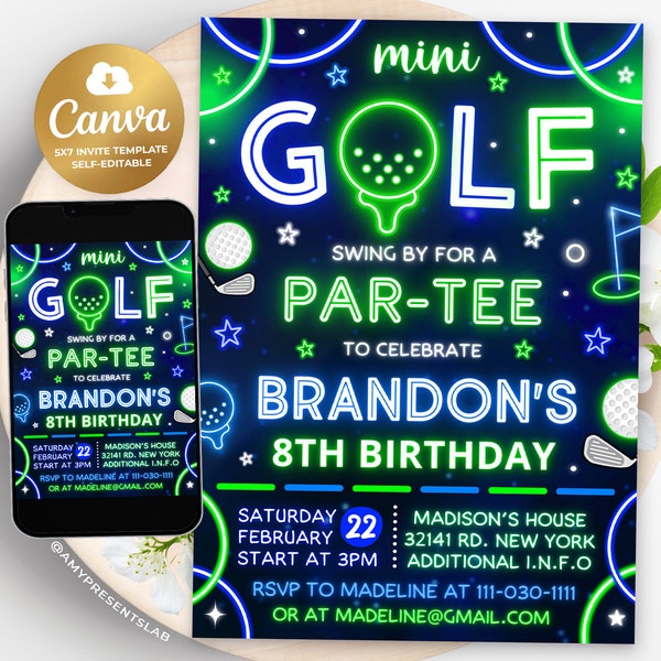 Mini Golf Birthday Invitation, Golf Party Invites, Editable Kids Birthday Invitation, 5x7 Canva