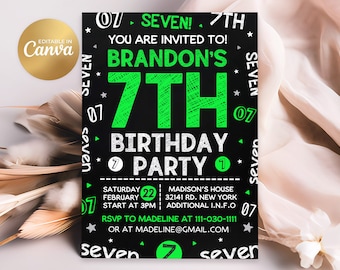 Inbjudan till 7-årsdag, 7-årsinbjudan, redigerbara inbjudningar till pojke, 7-årsdag, 5x7 Canva