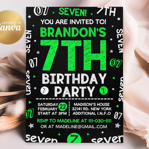 7th Birthday Invitation, 7th Invitation, Editable Boy 7th Birthday Invites, 5x7 Canva