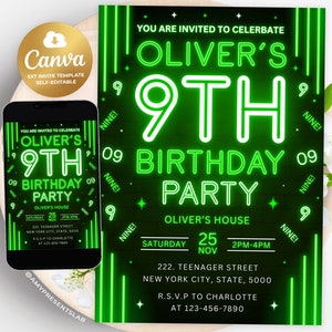 Faire-part pour 9e anniversaire, 9e invitation garçon, néon modifiable pour 9e anniversaire, toile 5 x 7