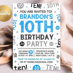 Einladung zum 10. Geburtstag, Einladung zum 10. Geburtstag, bearbeitbare Einladung zum 10. Geburtstag, 5x7 Canva