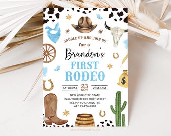 First Rodeo Birthday Invitation, Boy Cowboy Theme (5x7 Canva Digital Download)