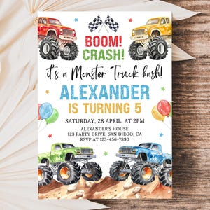 May include: A colorful invitation for a monster truck-themed birthday party. The design features illustrations of monster trucks in red, yellow, green, and blue. Text includes "BOOM! CRASH!" and "it's a Monster Truck bash!" with the name "ALEXANDER" and party details.