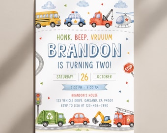 Transportation Birthday Invitation, Honk, Beep, Choo Choo, Truck and Cars Invite Template AMY002