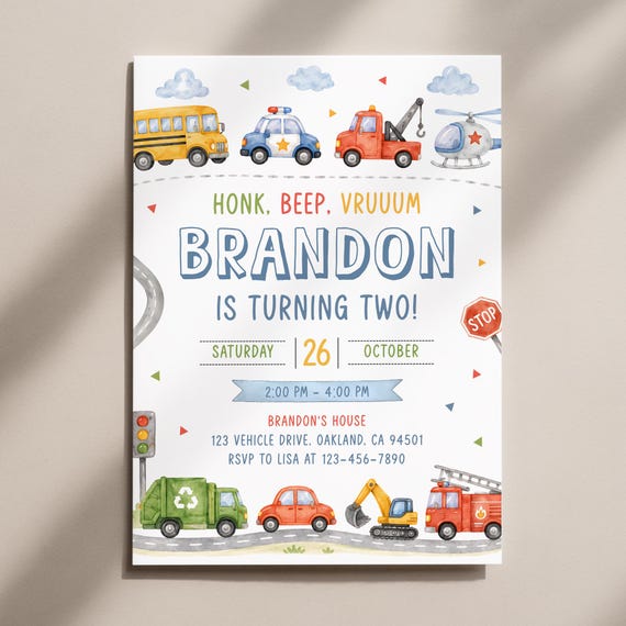 Transportation Birthday Invitation, Honk, Beep, Choo Choo, Truck and Cars Invite Template AMY002