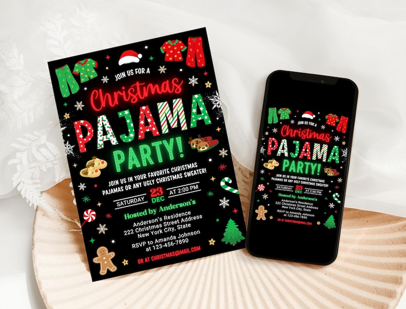 May include: A black and green Christmas pajama party invitation with a red and green text overlay. The invitation includes a date, time, and location for the party. The invitation also includes a phone number and email address for RSVP.