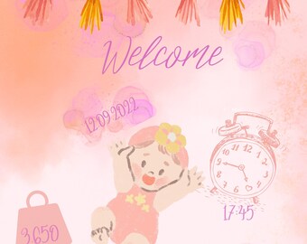 Newborn Baby Birth Announcement Template,Photo birth card, welcome baby girl,templette