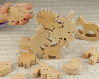 13-piece set of wooden animals, children's toys, wooden toys, farm animals, wooden figures, Montessori animals