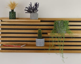 Wall shelf made of solid oak, wooden shelf, wall shelf made of slats with three shelves