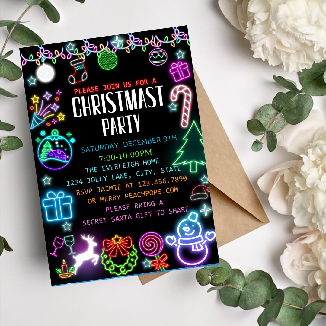 Editable Neon Christmas Party Invitation Neon Christmas Party Etsy